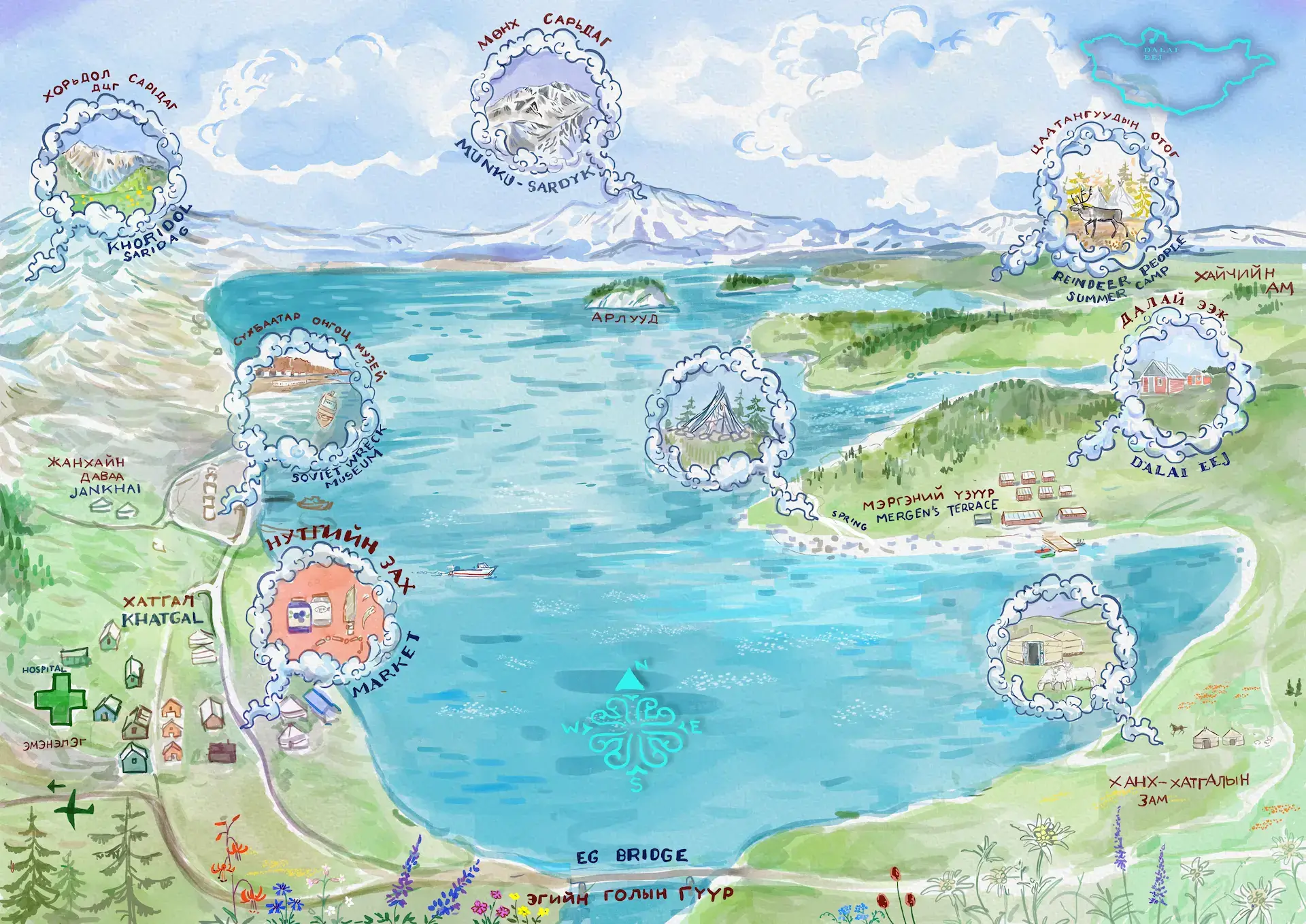 Illustrated map of Khuvsgul region